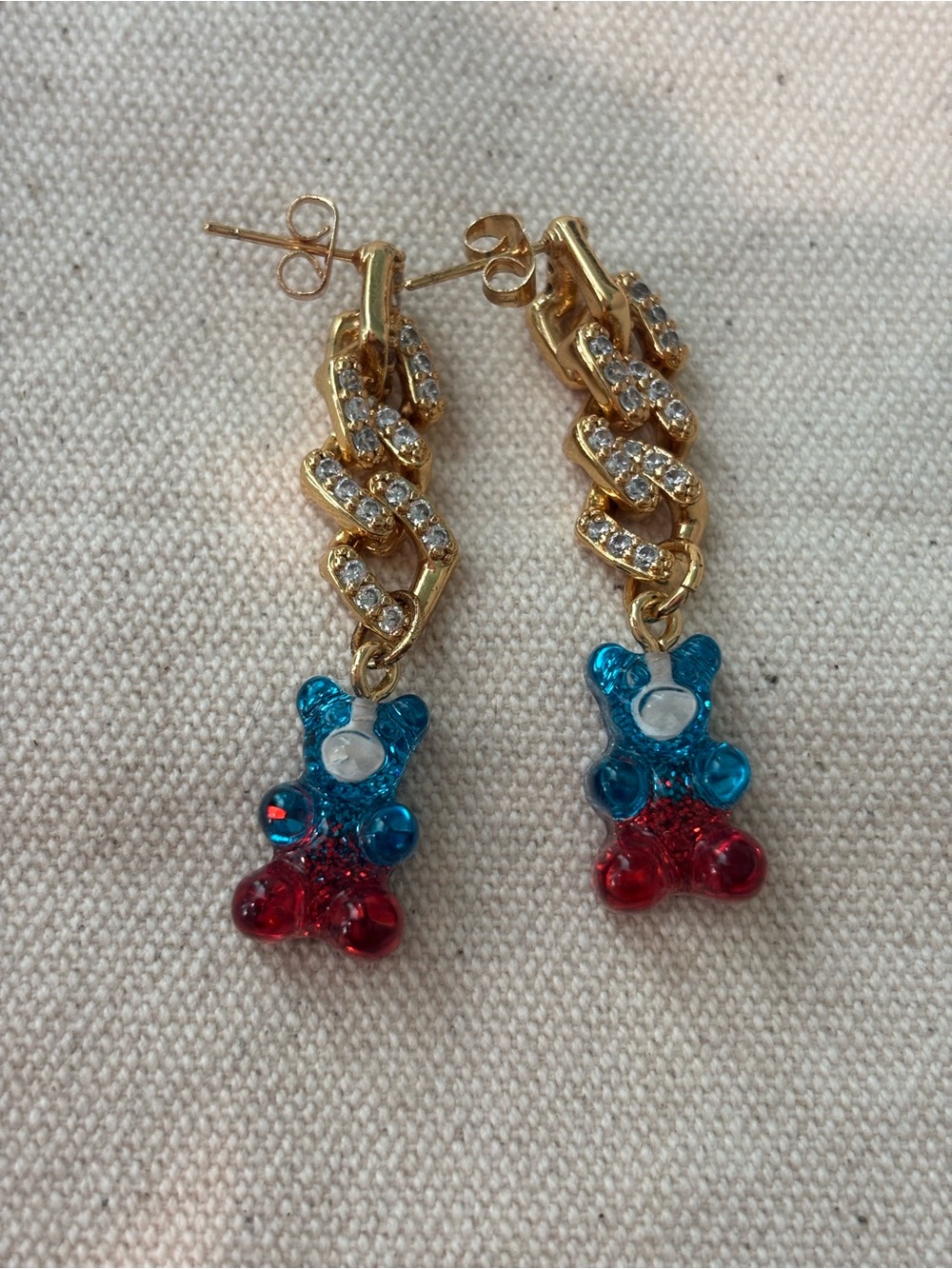Carolina Herrera Gold-tone Chain Earrings with Blue and Red Gummy Bear Charms